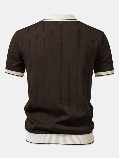 Contrast Trim Ribbed Johnny Collar Knit Polo & Elastic Waist Chino Shorts