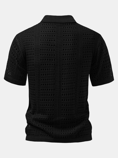 Crochet  V Neck Polo Shirt & Crinkle Textured Straight Leg Pants