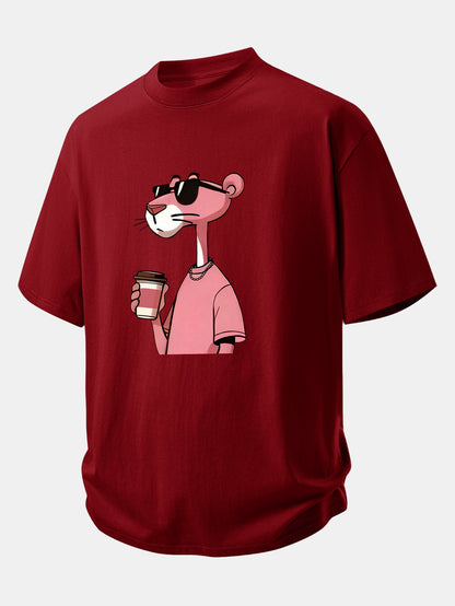 Relax Fit Pink Panther Drinking Coffee Print Cotton T-Shirt
