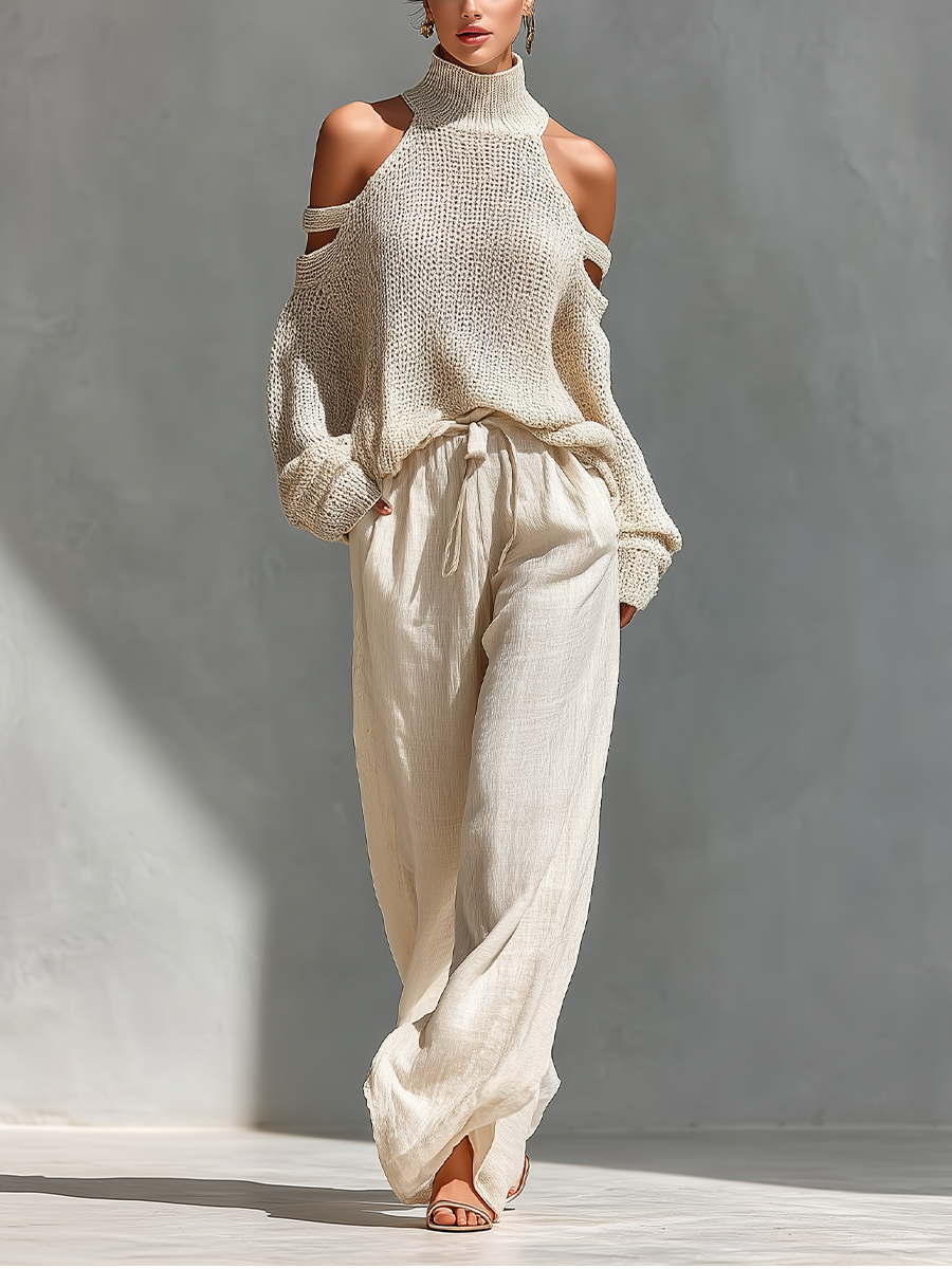 Beige Knit Cold-Shoulder Turtleneck & Wide-Leg Pants Set
