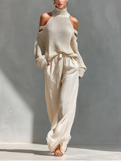 Beige Knit Cold-Shoulder Turtleneck & Wide-Leg Pants Set