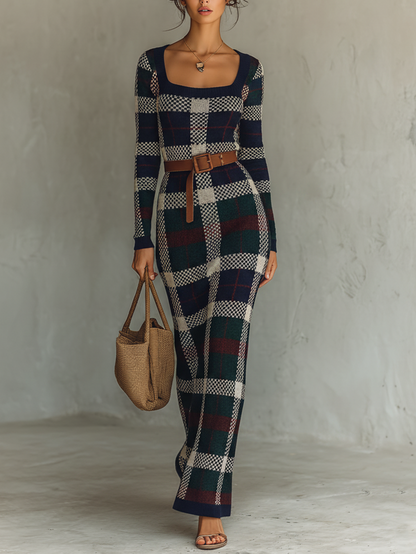 Check Knit Belted Square Neck Maxi Dress