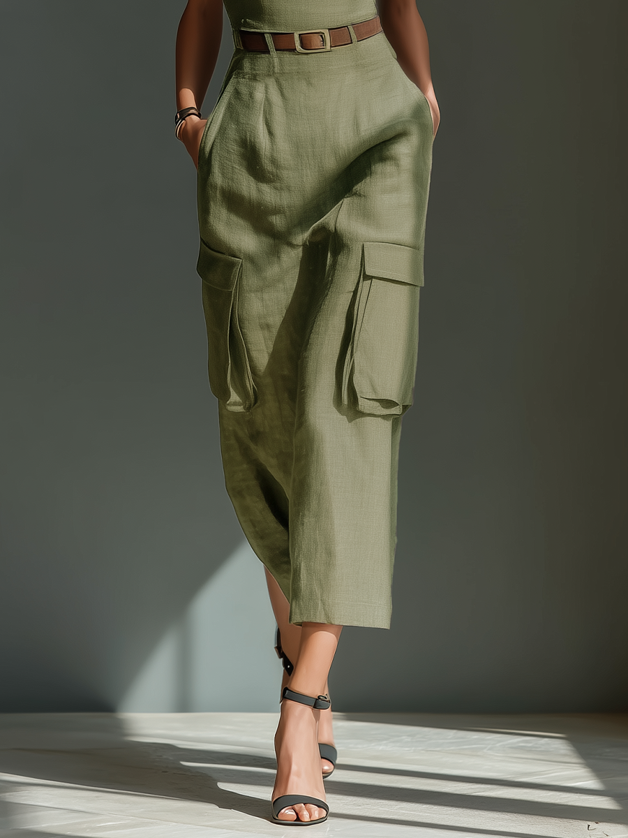 Olive Green Linen Sleeveless Cargo Pocket Belted Midi Dress