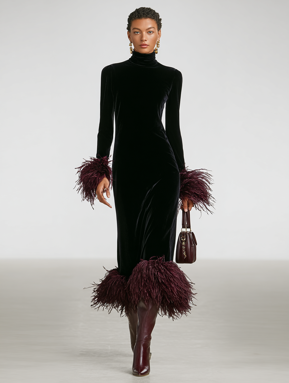 Velvet Patchwork Feather Cuff & Hem Maxi Dress