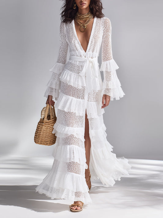 Crochet Deep V-Neck Ruffled Knit Cardigan