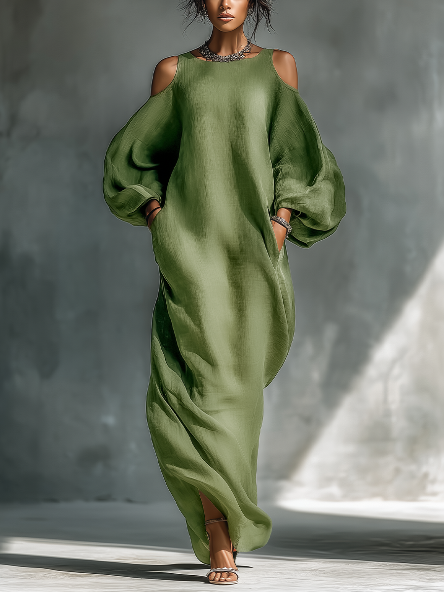 Light Green Cold-Shoulder Puff Sleeve Maxi Dress
