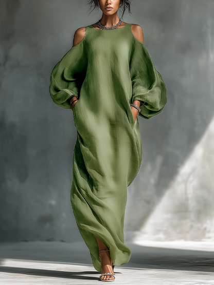 Light Green Cold-Shoulder Puff Sleeve Maxi Dress