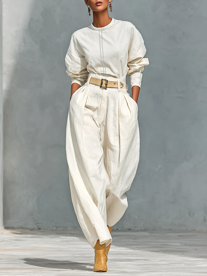 Cotton-Linen Crew Neck Long Sleeve Shirt & Loose Trousers Set