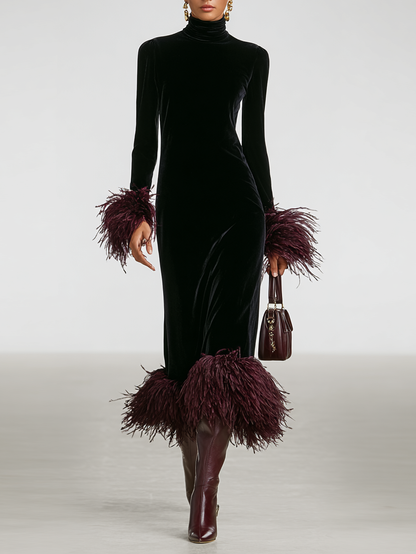 Velvet Patchwork Feather Cuff & Hem Maxi Dress