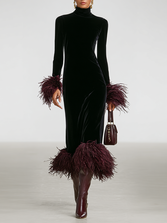 Velvet Patchwork Feather Cuff & Hem Maxi Dress