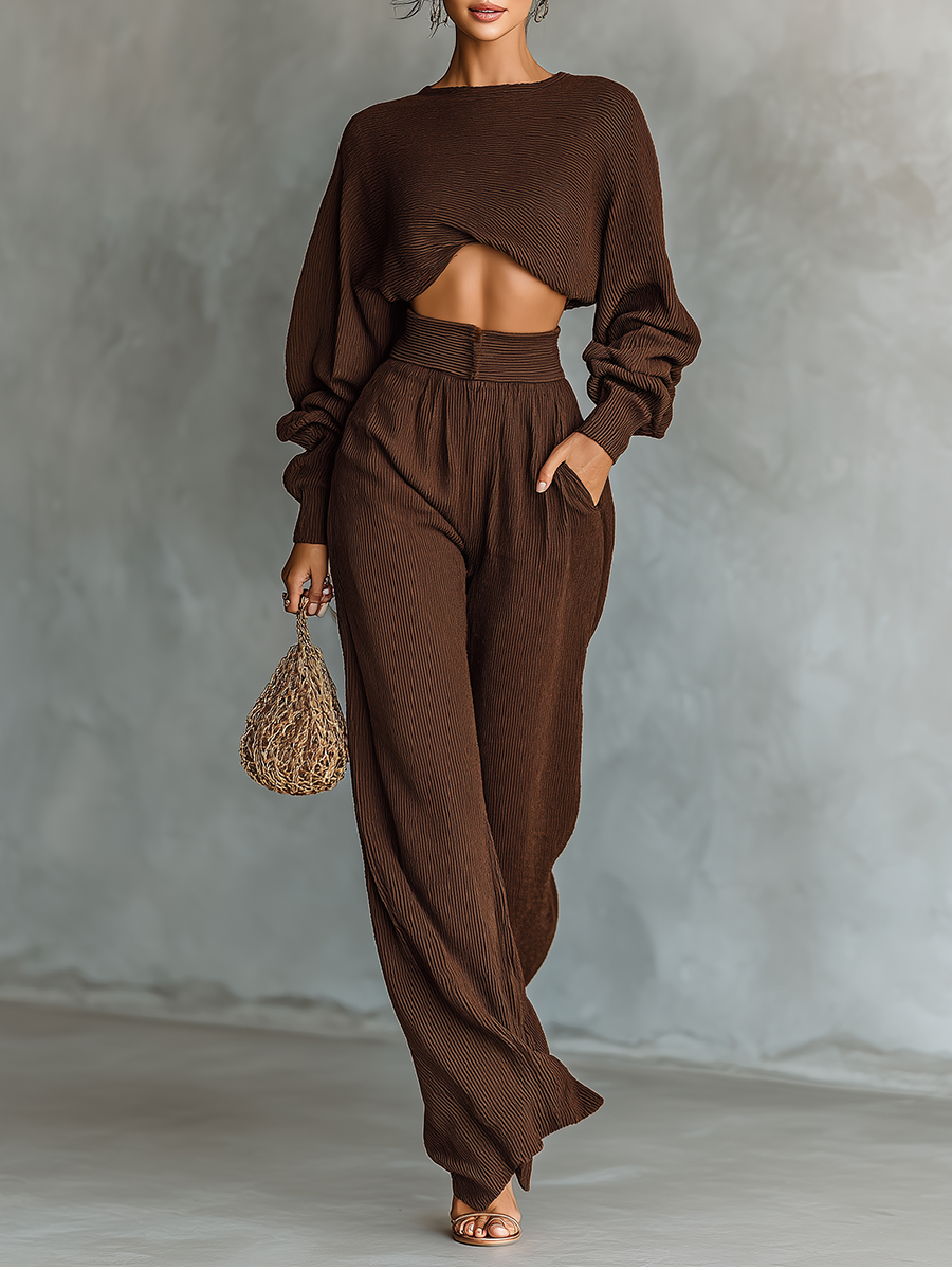 Coffee Knit Short Top & Wide-Leg Pants Set
