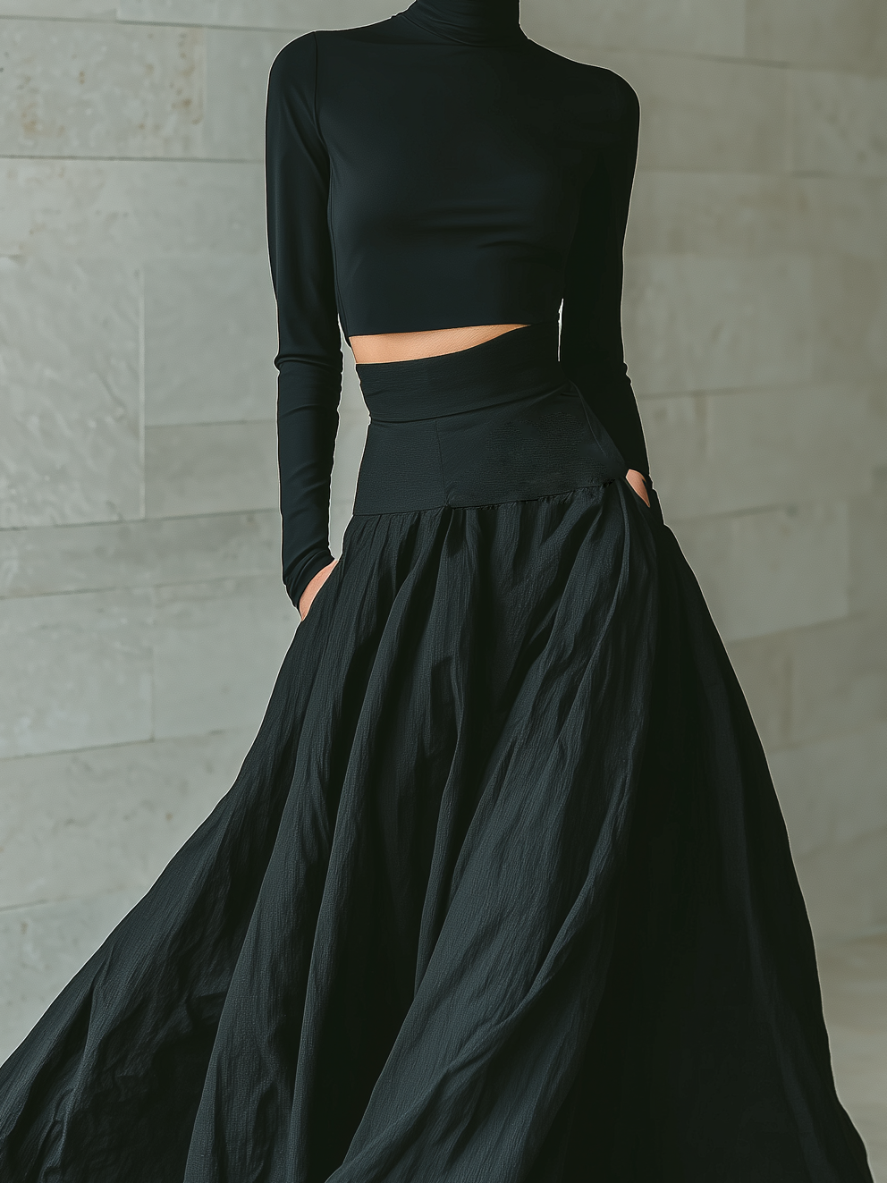 Black Fitted Turtleneck Crop Top & Long Skirt Set