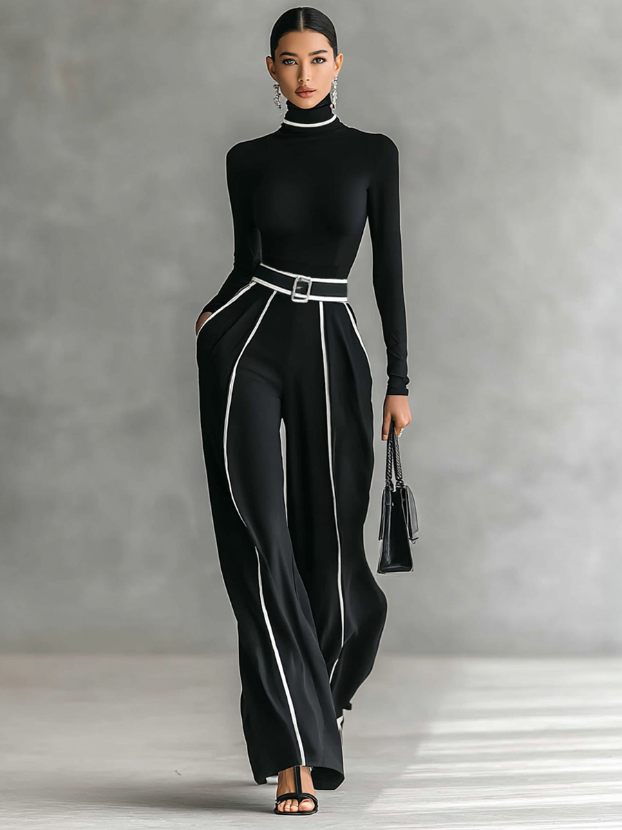 White Trim Turtleneck Long Sleeve Top & Wide-Leg Pants Set