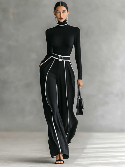 White Trim Turtleneck Long Sleeve Top & Wide-Leg Pants Set