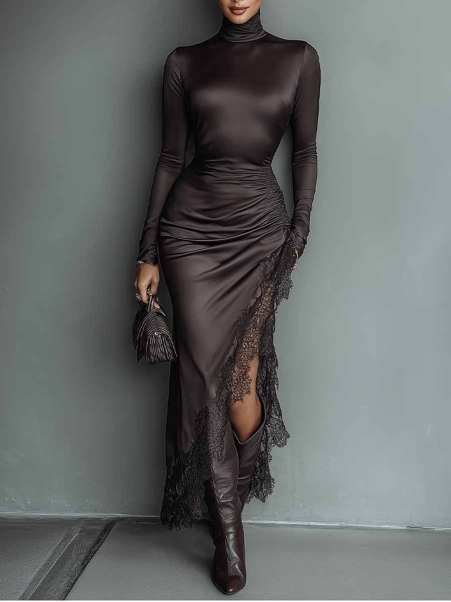 Dark Brown Satin Irregular Hem Lace Slim Maxi Dress