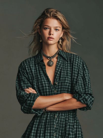 Plaid Long Sleeve Shirt Maxi Dress