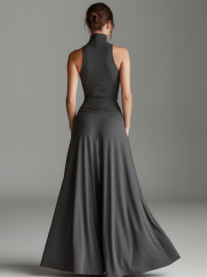 Charcoal Gray Stretch Knit Turtleneck Halter Cutout Waist Dress