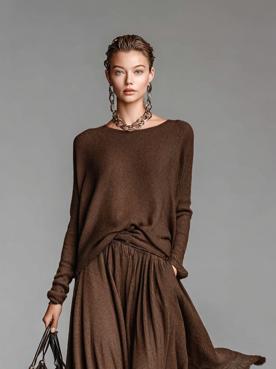 Round Neck Knitted Sweater & Skirt Set