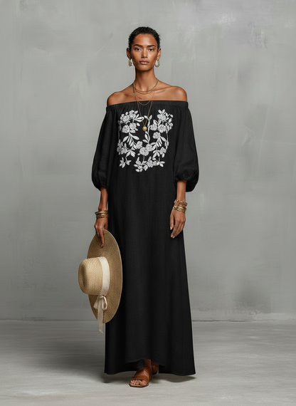 Off-Shoulder Three-Quarter Sleeve Embroidered Maxi Dress