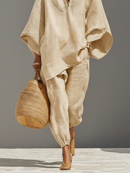 Neutral Linen Asymmetric Hem Co-ord Set