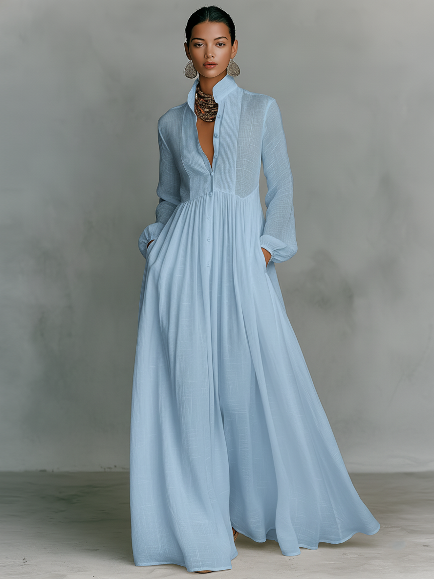 Minimalist High Neck Long Sleeve Linen Patchwork Maxi Dress