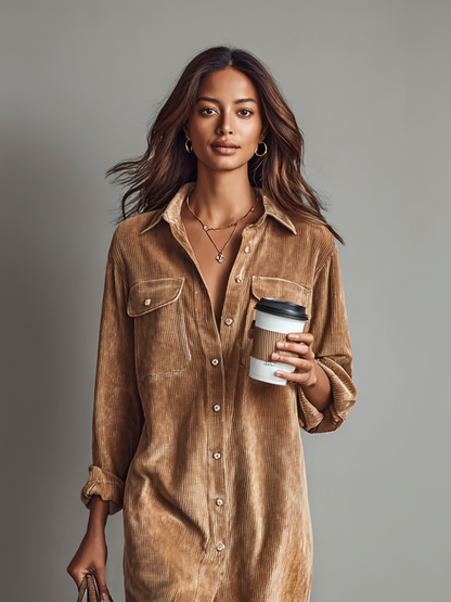 Corduroy Double Chest Pocket Single-Breasted Midi Dress