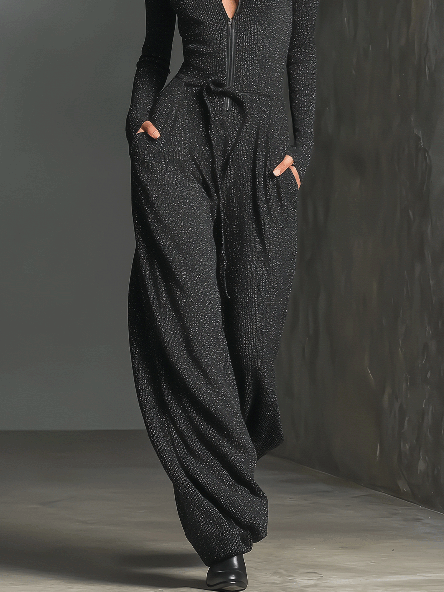 Knit Sparkling Zipper Front Jumpsuit