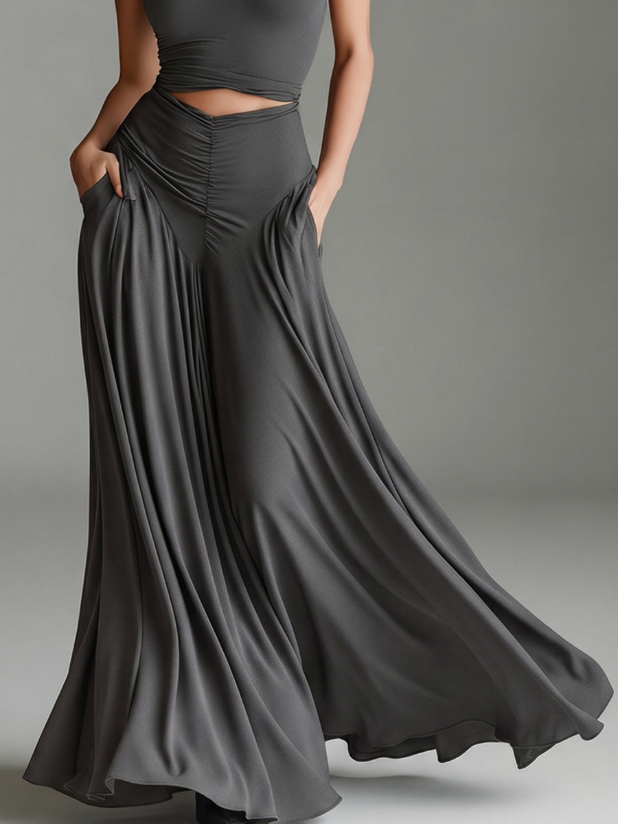 Charcoal Gray Stretch Knit Turtleneck Halter Cutout Waist Dress