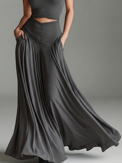Charcoal Gray Stretch Knit Turtleneck Halter Cutout Waist Dress