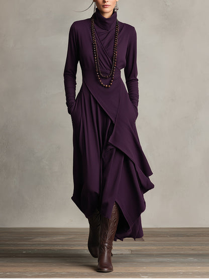Purple Boho Cotton Turtleneck Asymmetric Draped Maxi Dress