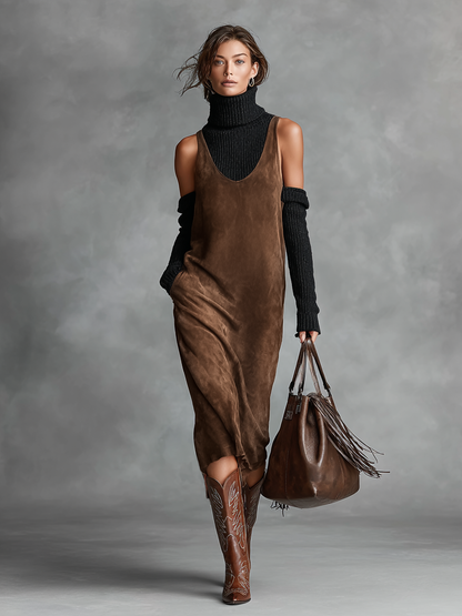 Retro Suede U-Neck Sleeveless Tank Midi Dress