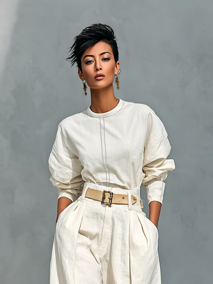 Cotton-Linen Crew Neck Long Sleeve Shirt & Loose Trousers Set