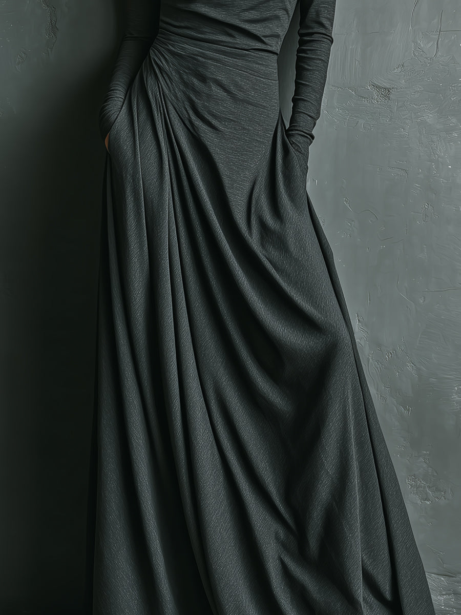 Charcoal Stretch Turtleneck Draped Maxi Dress