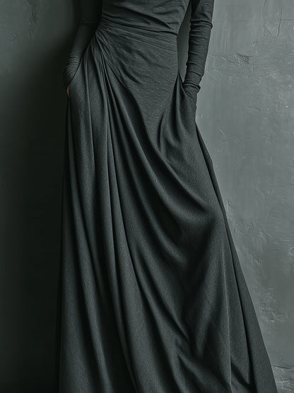 Charcoal Stretch Turtleneck Draped Maxi Dress