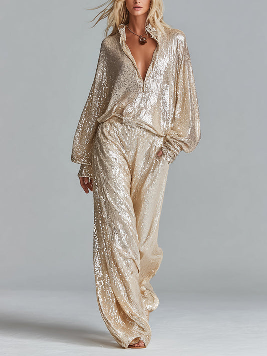 Gold Sequin Collared Half-Zip Wide-Leg Loungewear Set