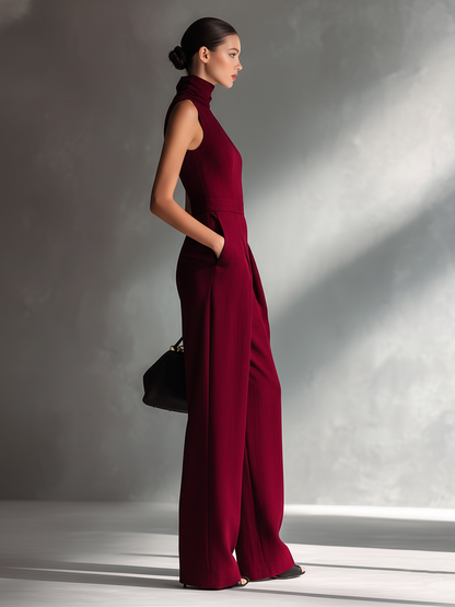 Burgundy Cotton-Linen Sleeveless Turtleneck Wide-Leg Jumpsuit