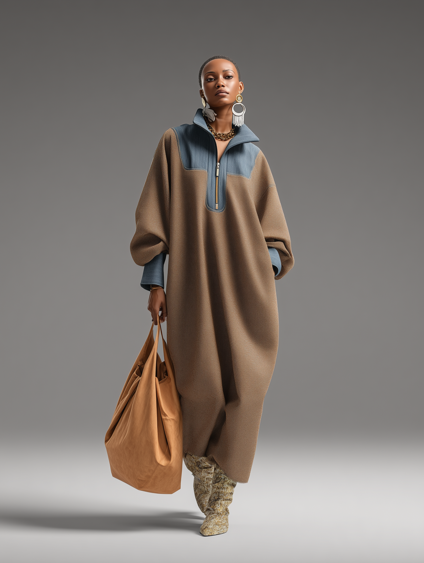 Double-Sided Denim Stand Collar Maxi Dress