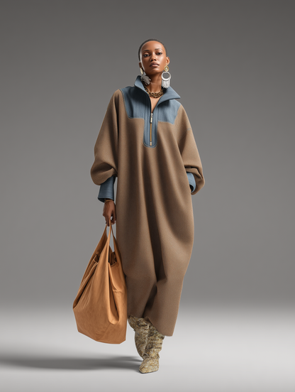 Double-Sided Denim Stand Collar Maxi Dress
