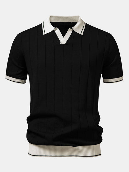 Contrast Trim Ribbed Johnny Collar Knit Polo & Elastic Waist Chino Shorts