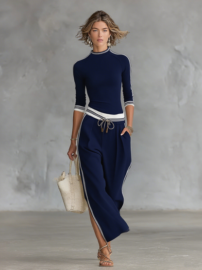 Sports Half-High Neck Long Sleeve Top & Wide-Leg Pants Set