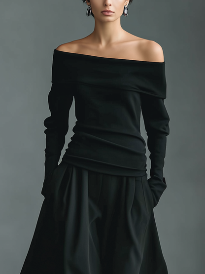 Black Knit Off-Shoulder Top & Woven Skirt Set