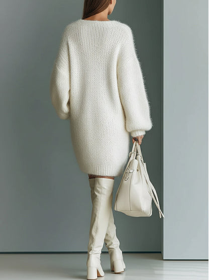 White V-Neck Mini Sweater Dress