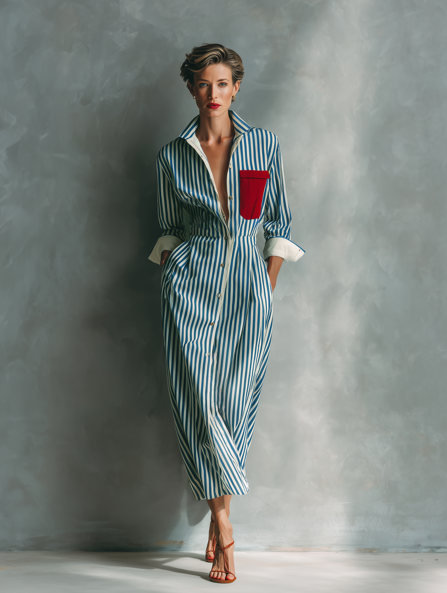 women's Blue And White Cotton Blend Striped Shirt Dress