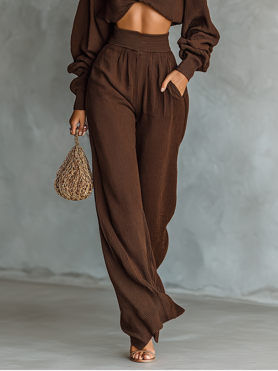 Coffee Knit Short Top & Wide-Leg Pants Set