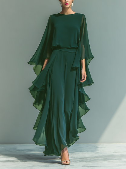 Navy Chiffon Flared Sleeve Top & Straight-Leg Trousers Set