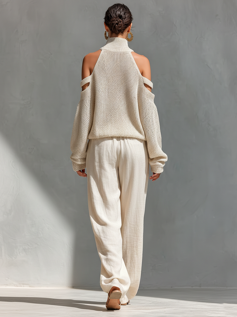 Beige Knit Cold-Shoulder Turtleneck & Wide-Leg Pants Set
