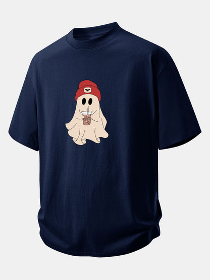 Relax Fit Red Hat Ghost Print Cotton T-Shirt