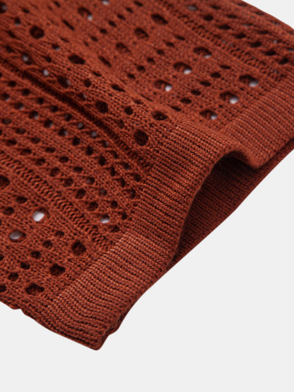 Crochet  V Neck Polo Shirt & Crinkle Textured Straight Leg Pants