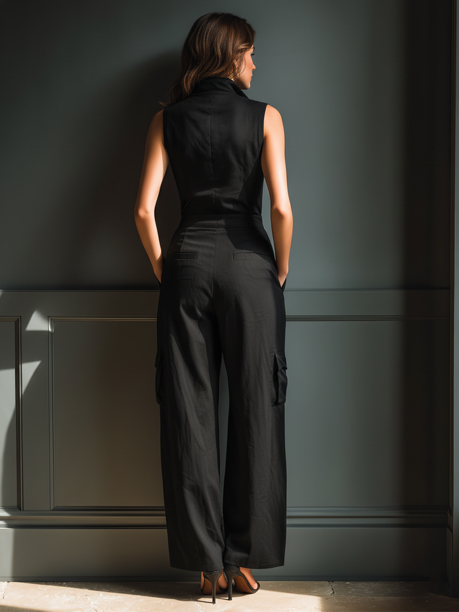 Cotton-Linen Collared Cargo Jumpsuit