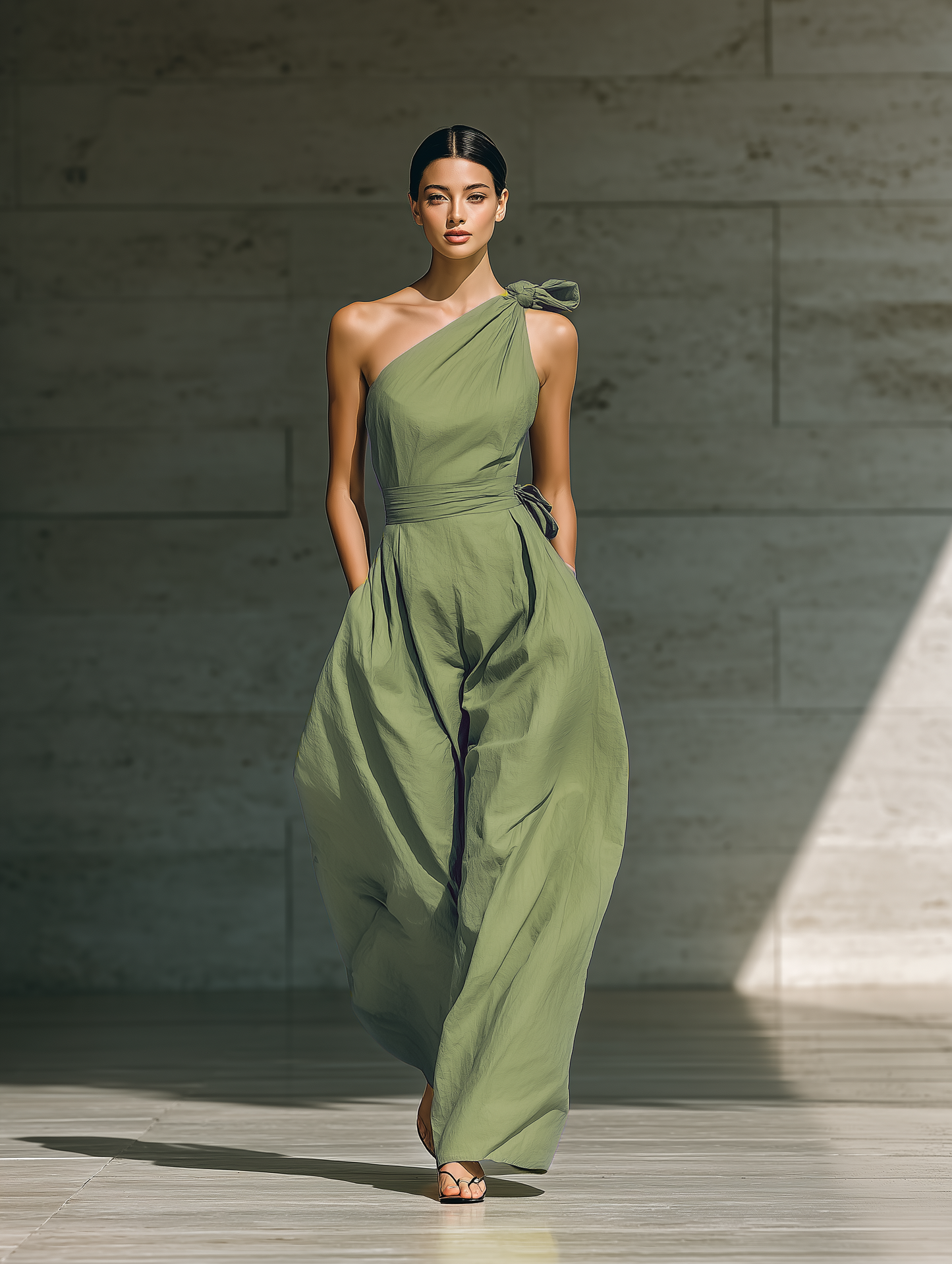 Light Green Cotton-Linen One-Shoulder Tie Waist Wide-Leg Jumpsuit
